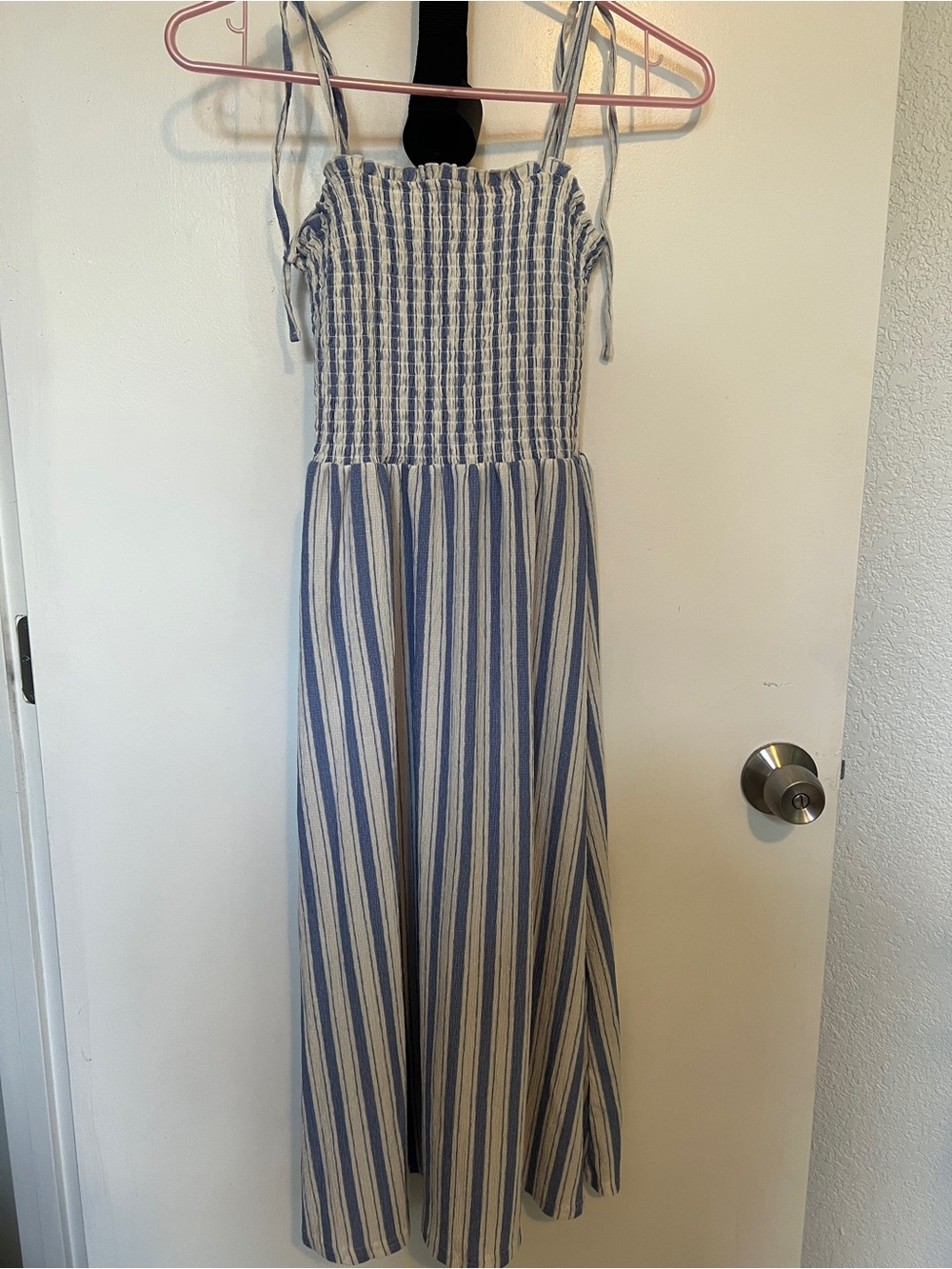 Divided Blue and White Smocked Midi Dress